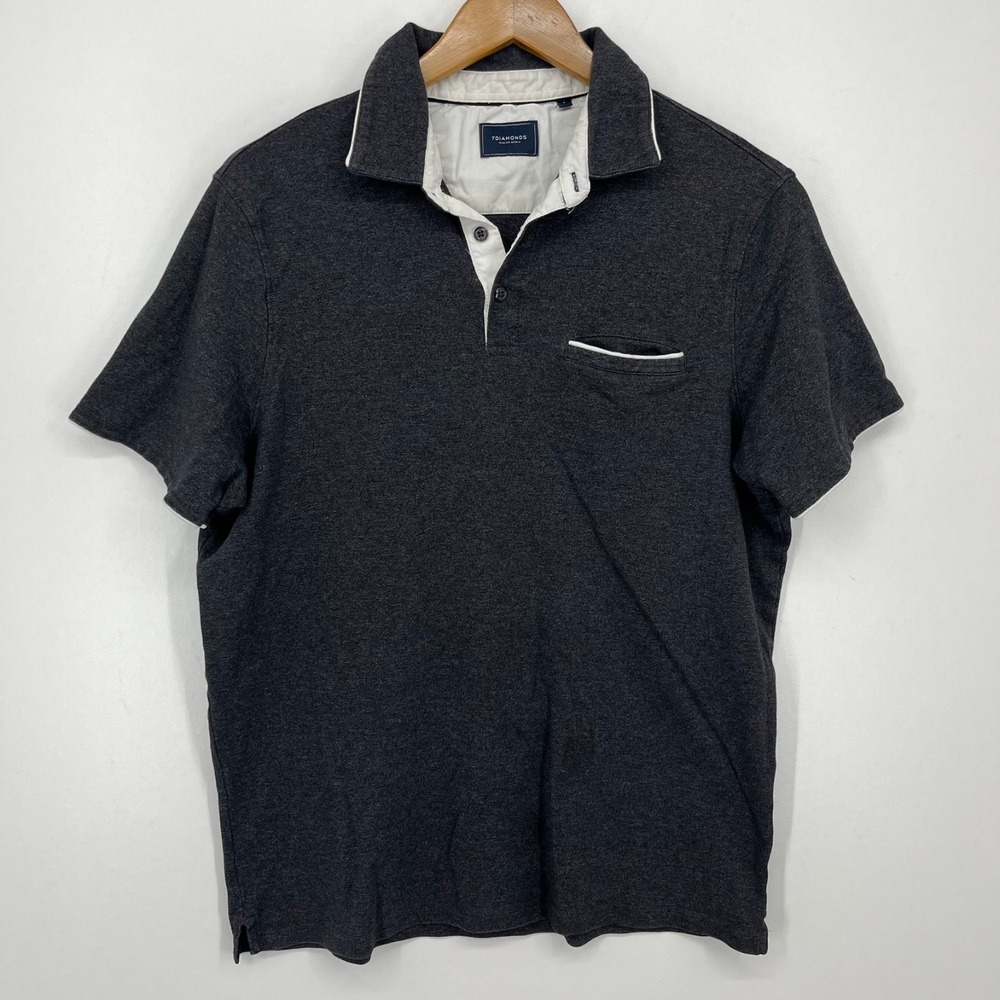 7Diamonds Polo Shirt Men's Size L Gray Solid Pocket Cotton Short Sleeve